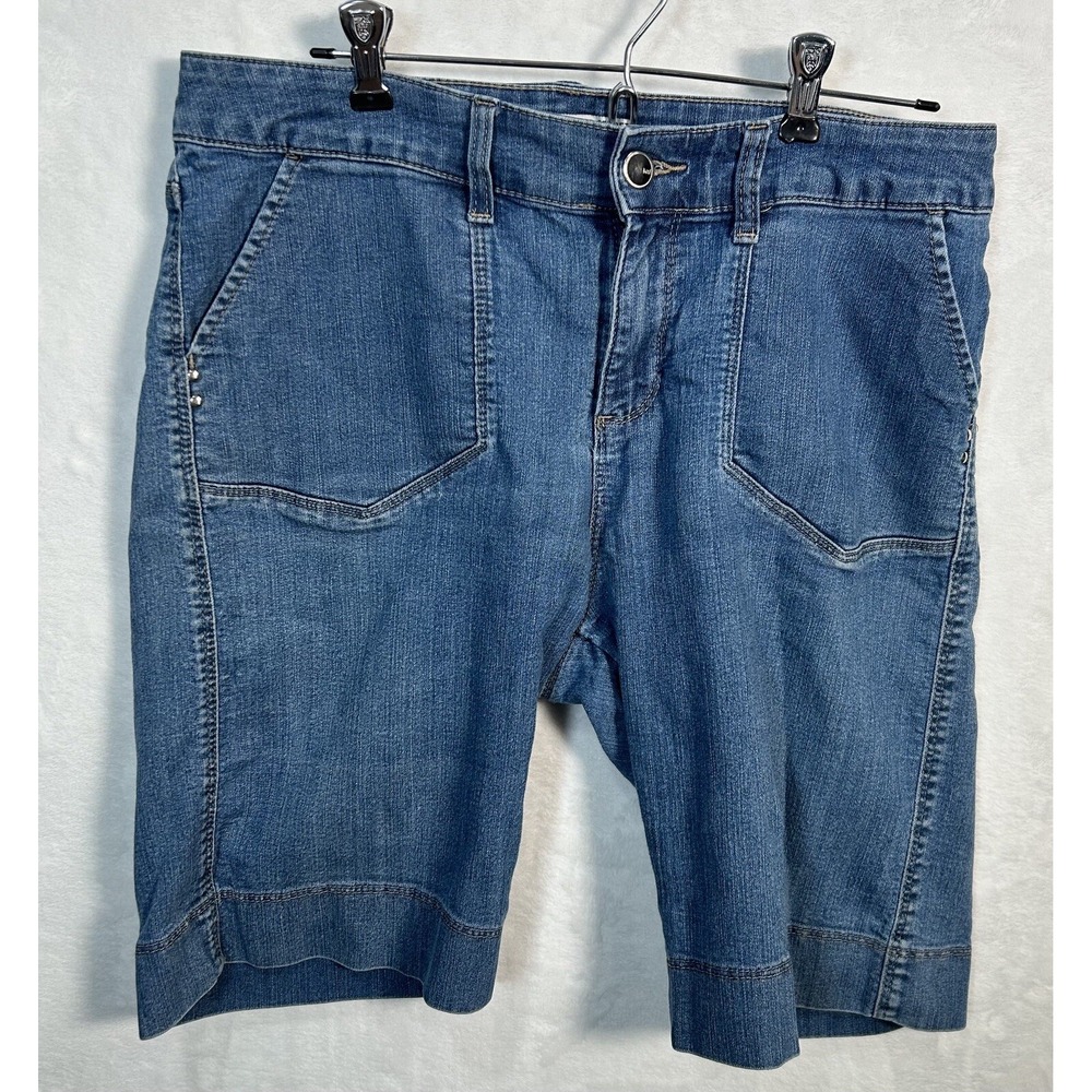 Lee Riders Solid Blue Mid Rise Stretch Denim Bermuda Shorts Size 10 Flap Pockets